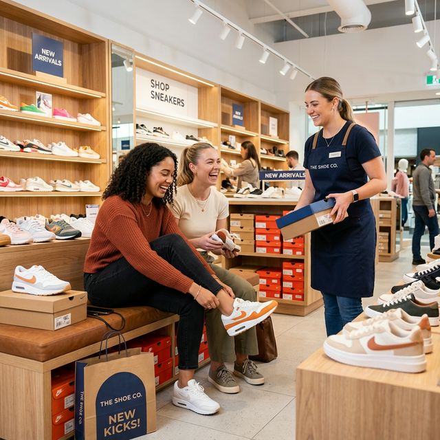 Duas clientes felizes comprando sapatos com auxílio da atendente da loja